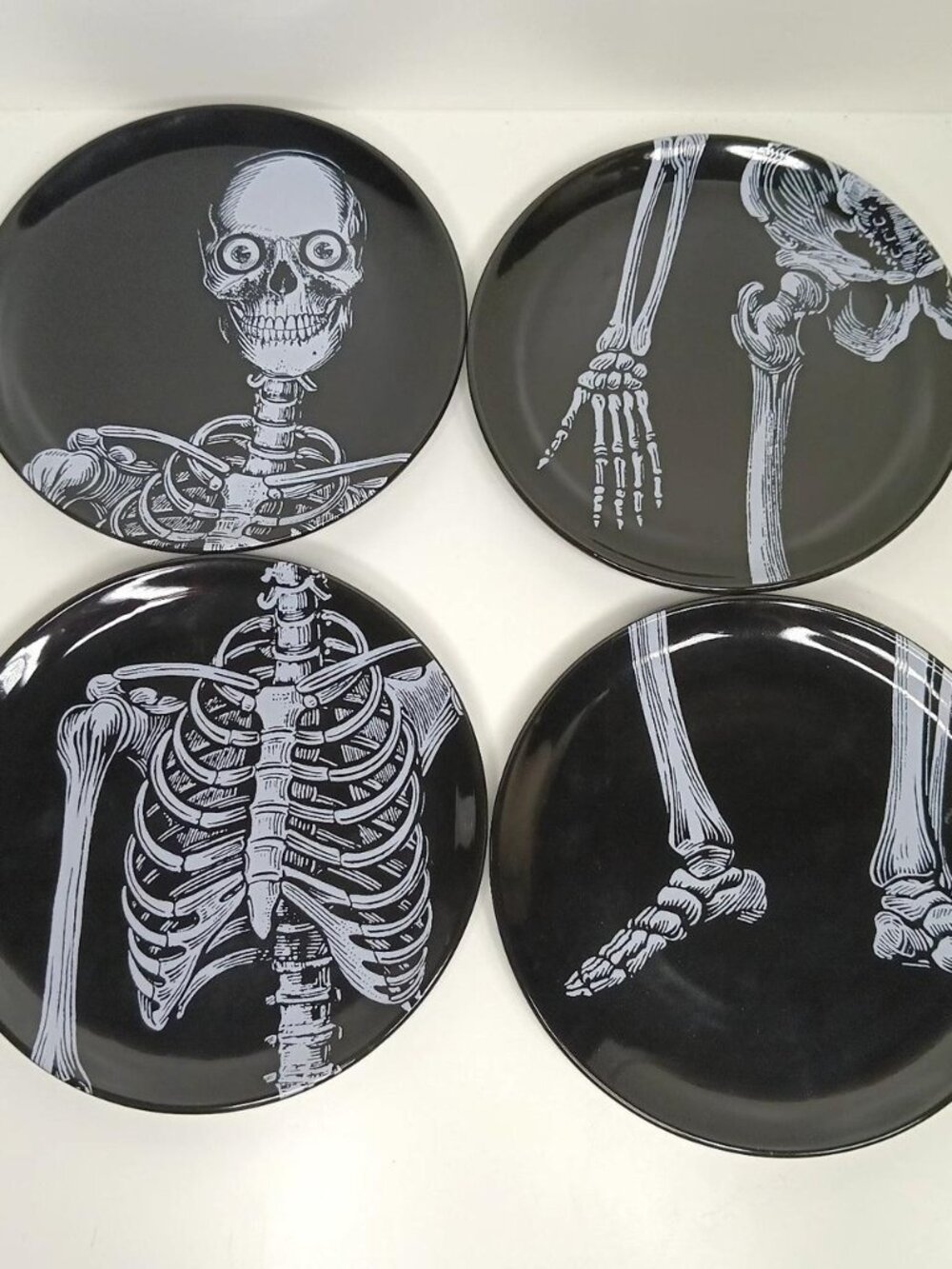 Dept 56 Halloween Set of 4 Skeleton Bone Ceramic Appetizer Plates Retired Spooky